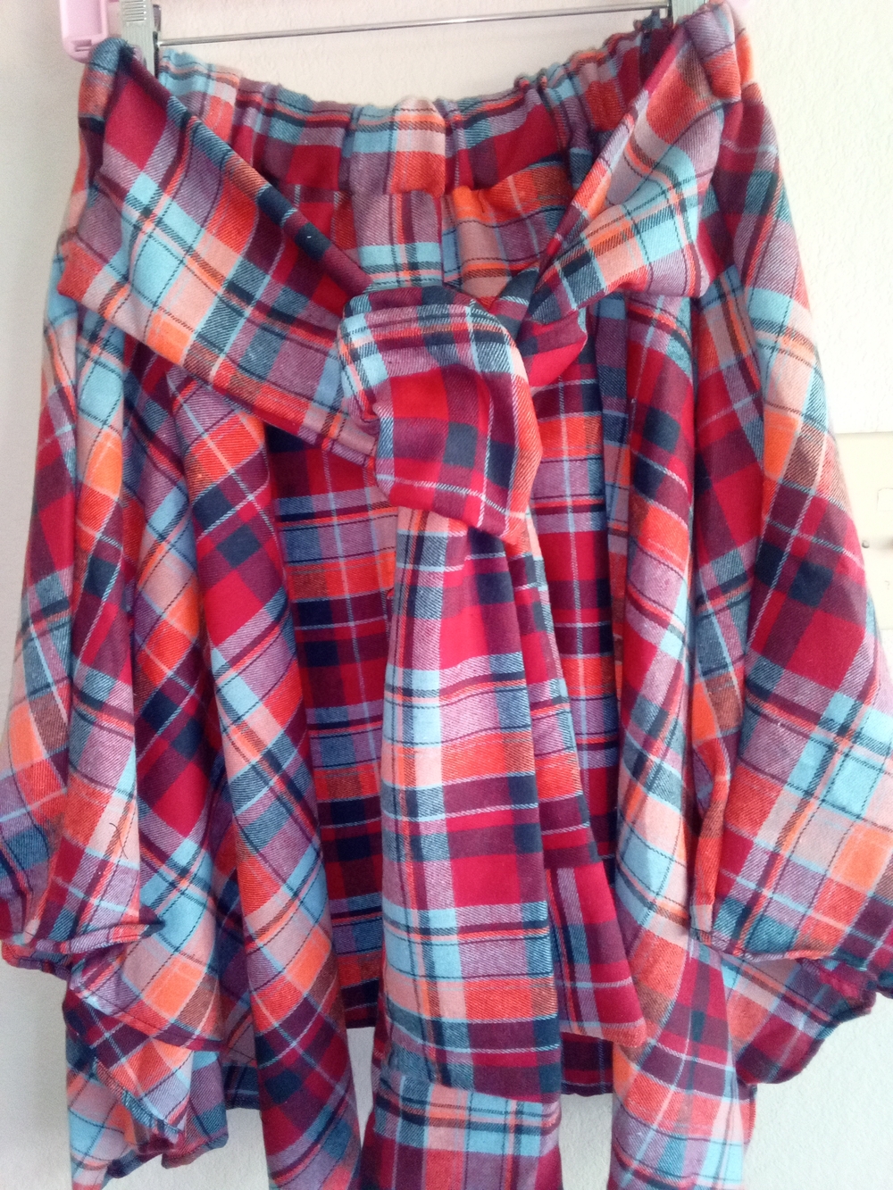 Plaid Flannel Skirt with Tied Waist - Red, Orange & Light Blue Tweedy Fabric